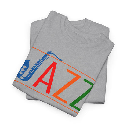 Jazz saxophone t shirt with multi coloured text