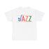 Jazz saxophone t shirt with multi coloured text