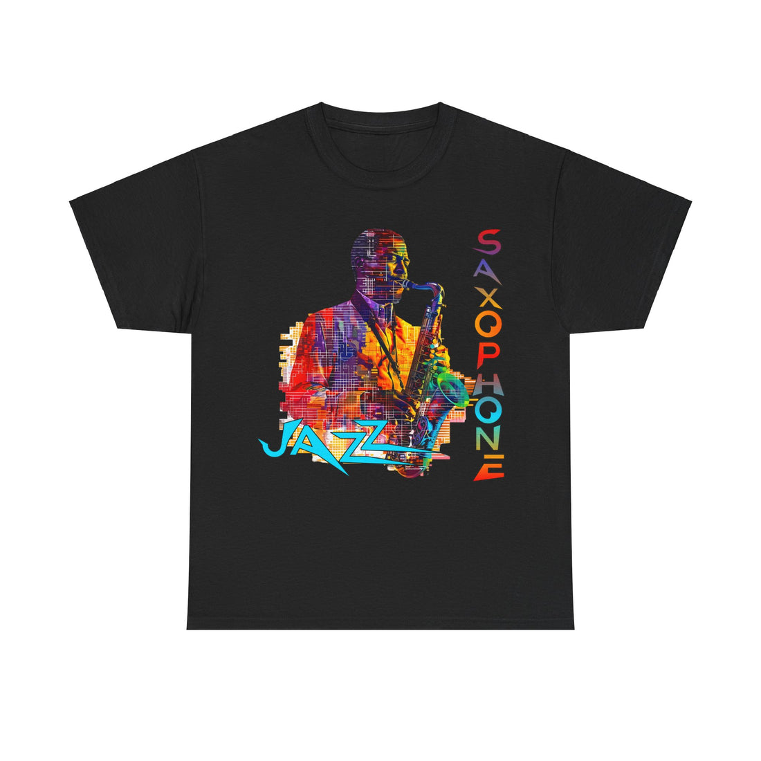 A black t shirt with multiple coloured image. The text has an abstract font saying ‘Jazz Saxophone’ in blue.