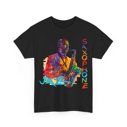 A black t shirt with multiple coloured image. The text has an abstract font saying ‘Jazz Saxophone’ in blue.