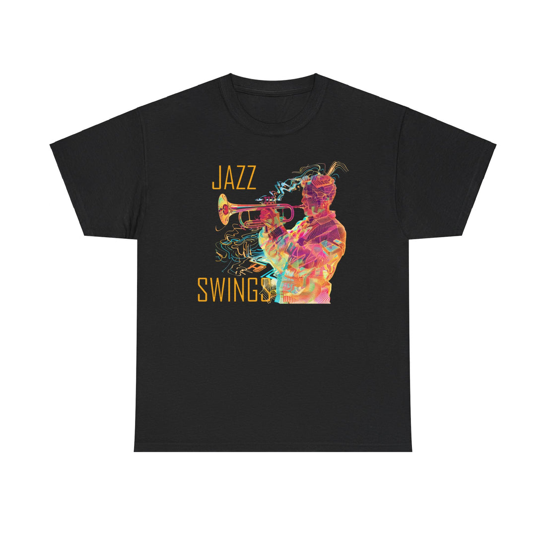 A black t shirt with a multi coloured holographic image with the text ‘Jazz Swings’