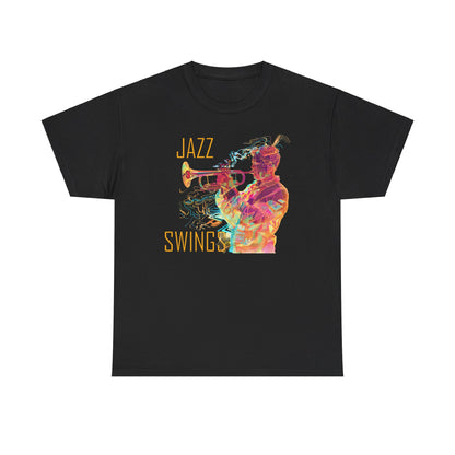 A black t shirt with a multi coloured holographic image with the text ‘Jazz Swings’