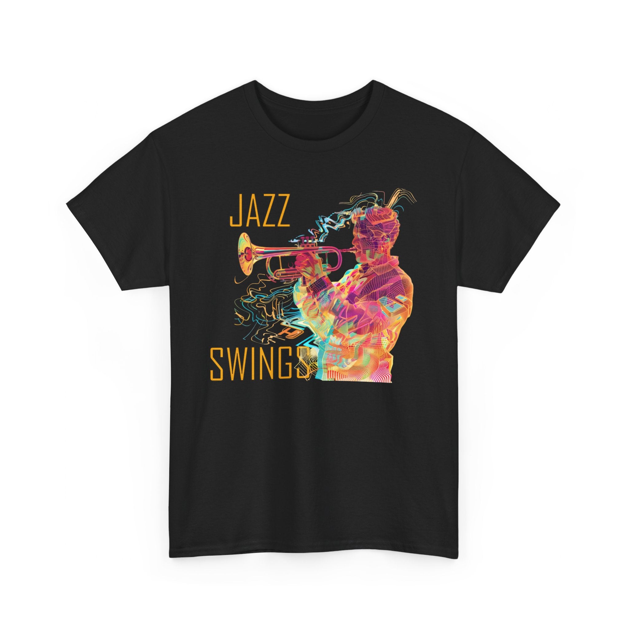 A black t shirt with a multi coloured holographic image with the text ‘Jazz Swings’