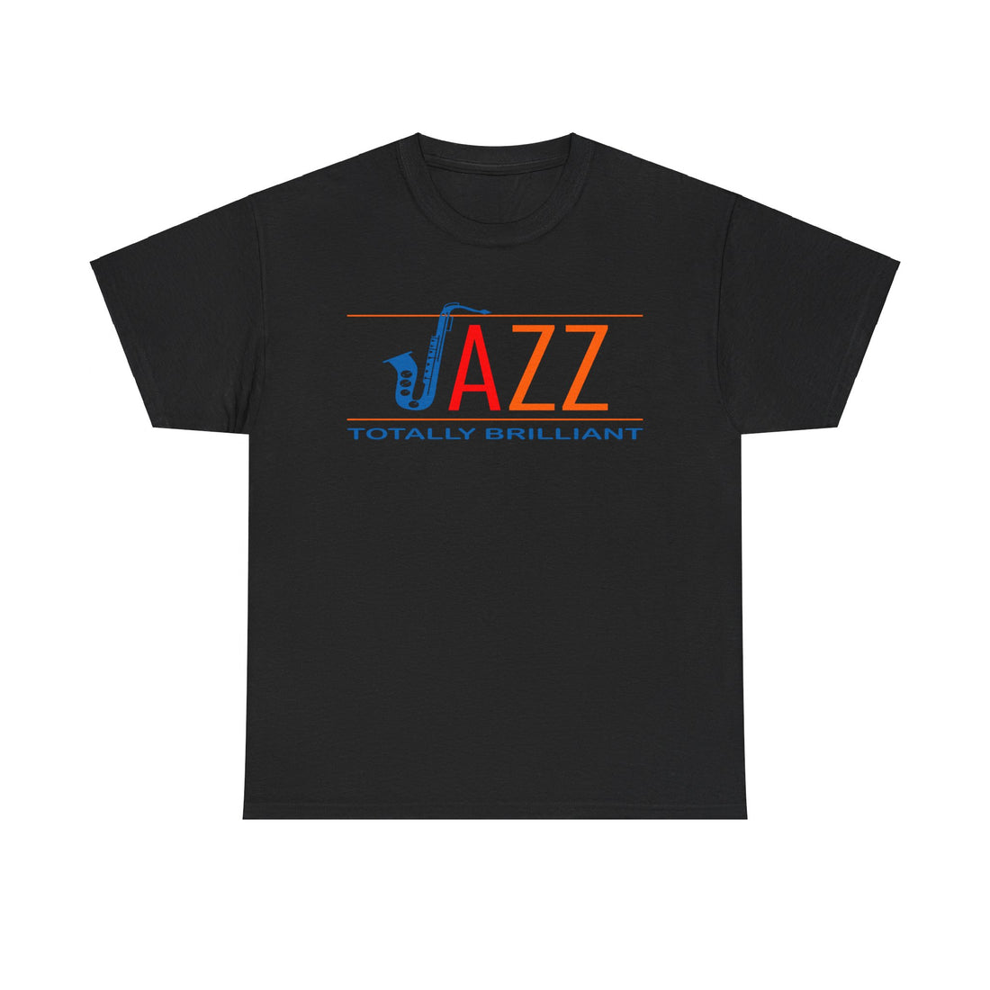 ‘Jazz, Totally Brilliant’ multi coloured text on a black t shirt