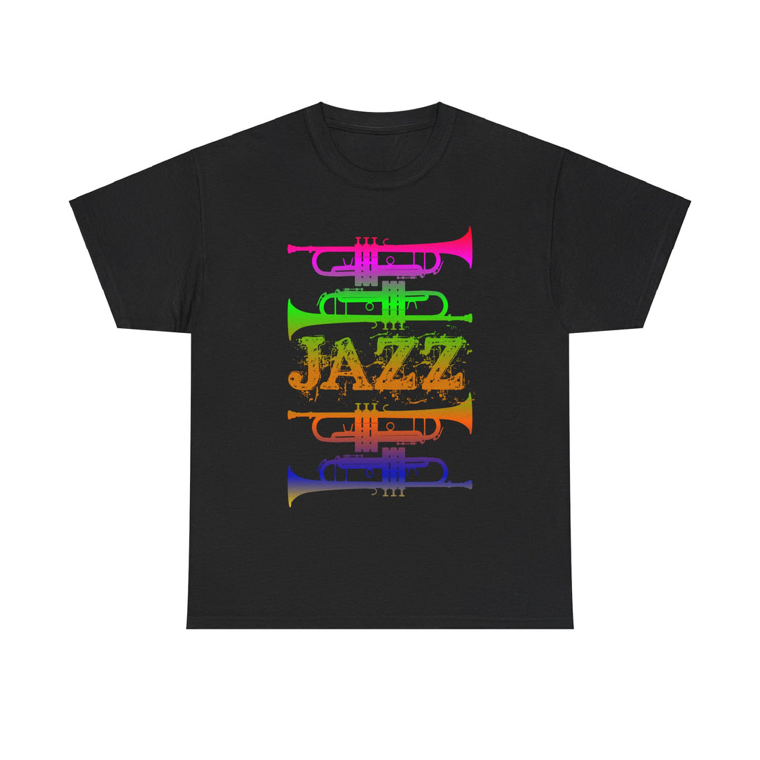 Jazz trumpet silhouette t-shirt with a gradient multicolour design on a dark background with the word ‘JAZZ’ between the trumpets.