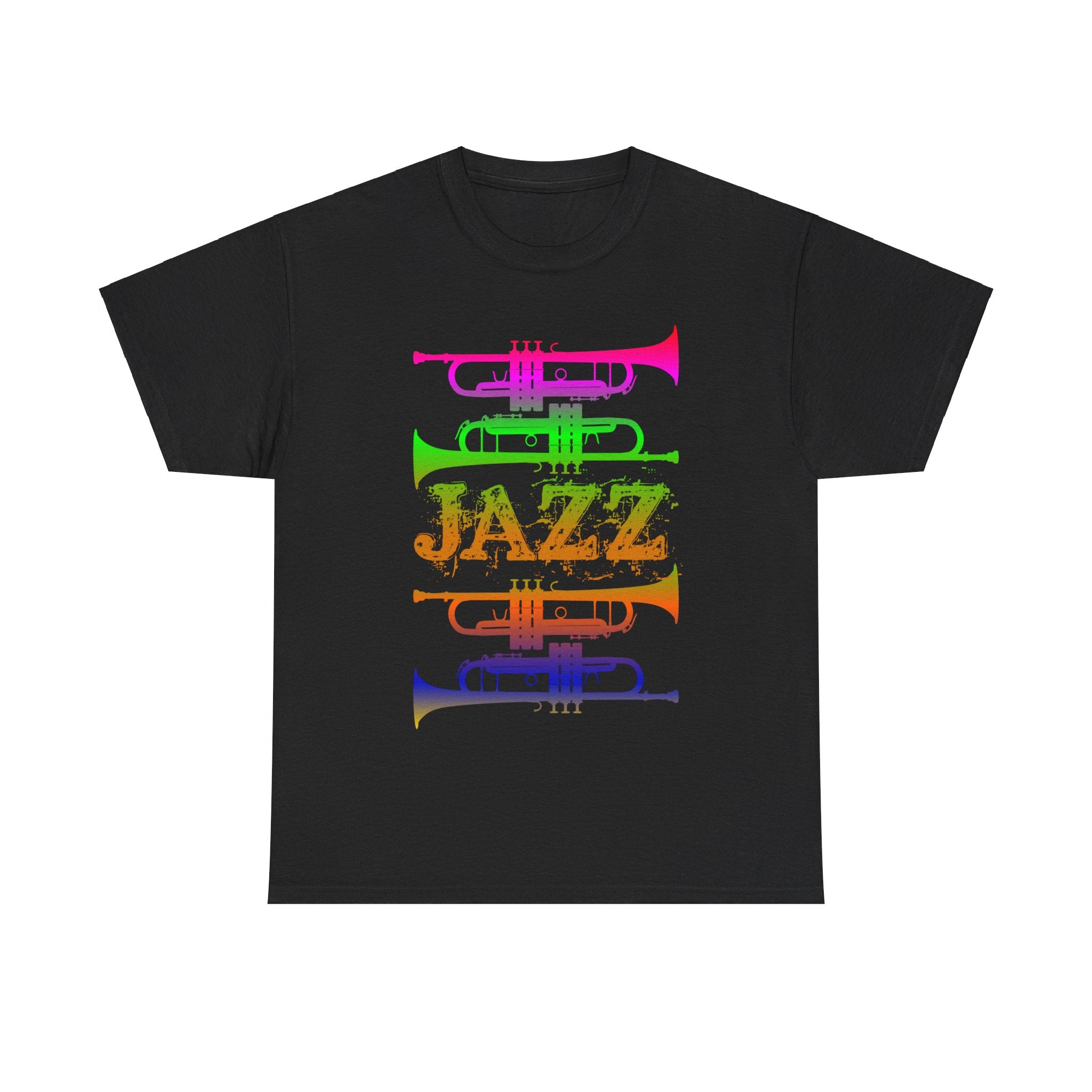 Jazz trumpet silhouette t-shirt with a gradient multicolour design on a dark background with the word ‘JAZZ’ between the trumpets.