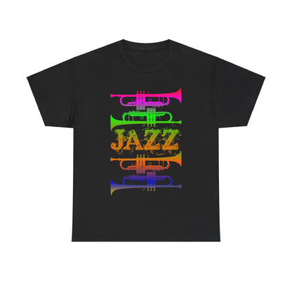 Jazz trumpet silhouette t-shirt with a gradient multicolour design on a dark background with the word ‘JAZZ’ between the trumpets.