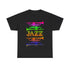 Jazz trumpet silhouette t-shirt with a gradient multicolour design on a dark background with the word ‘JAZZ’ between the trumpets.