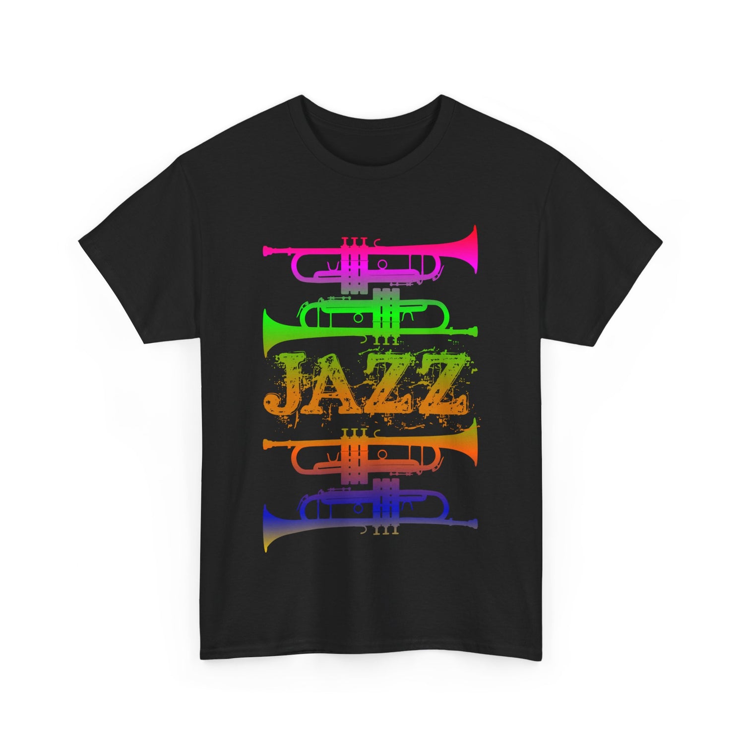 Jazz trumpet silhouette t-shirt with a gradient multicolour design on a dark background with the word ‘JAZZ’ between the trumpets.