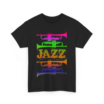 Jazz trumpet silhouette t-shirt with a gradient multicolour design on a dark background with the word ‘JAZZ’ between the trumpets.