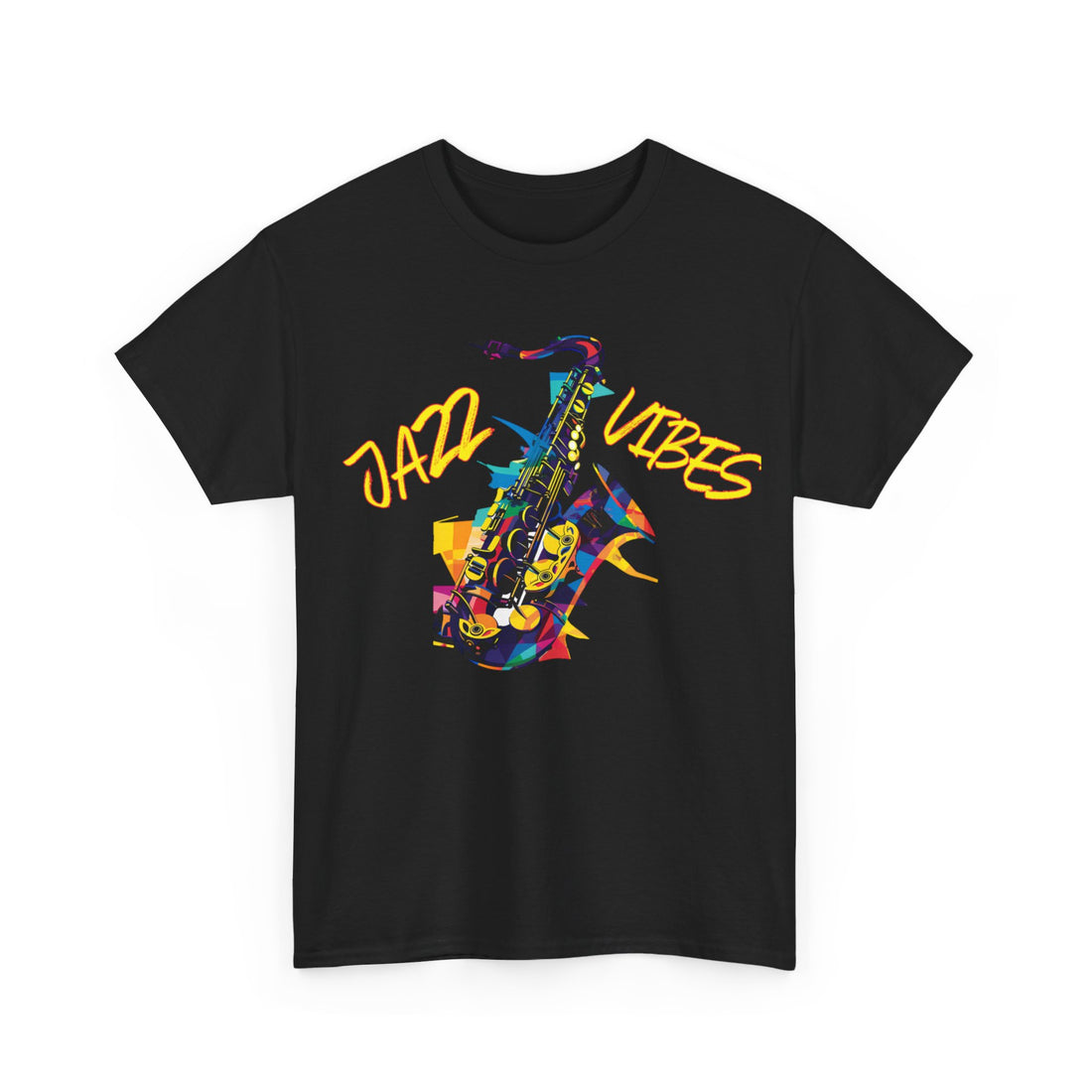 A black t shirt with an image of a saxophone. The words ‘Jazz Vibes’ integrated into the image. 