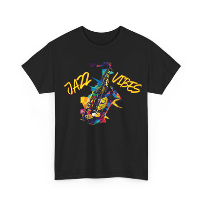 A black t shirt with an image of a saxophone. The words ‘Jazz Vibes’ integrated into the image. 