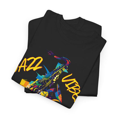 A black t shirt with an image of a saxophone. The words ‘Jazz Vibes’ integrated into the image. 