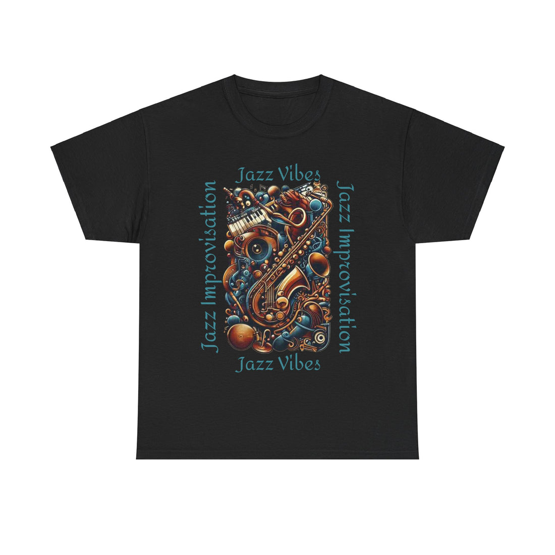 A black t shirt with an abstract jazz music design highlighting a sax and keyboards. The text states ‘Jazz Vibes, Jazz Improvisation.’