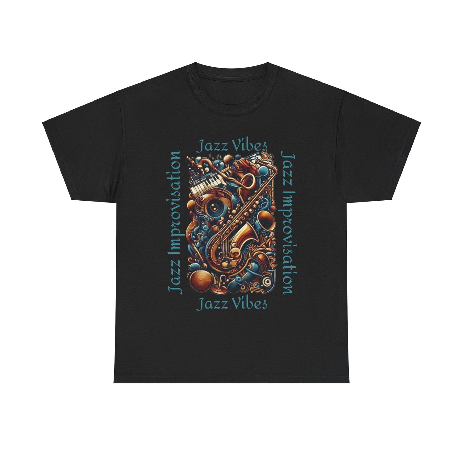 A black t shirt with an abstract jazz music design highlighting a sax and keyboards. The text states ‘Jazz Vibes, Jazz Improvisation.’