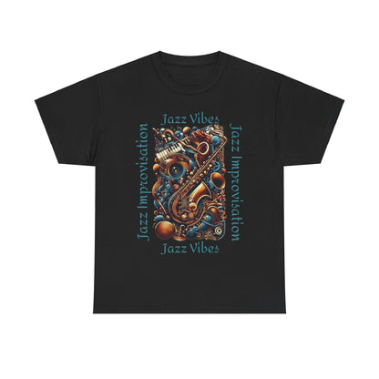 A black t shirt with an abstract jazz music design highlighting a sax and keyboards. The text states ‘Jazz Vibes, Jazz Improvisation.’
