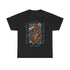A black t shirt with an abstract jazz music design highlighting a sax and keyboards. The text states ‘Jazz Vibes, Jazz Improvisation.’