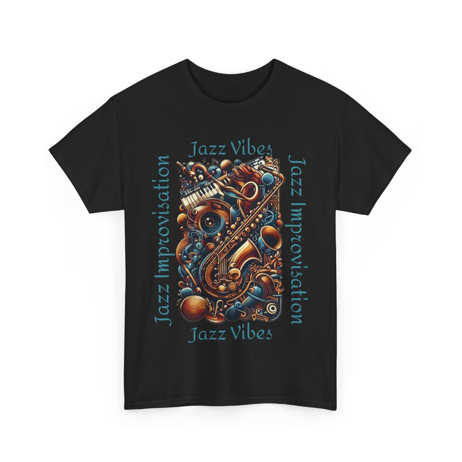 A black t shirt with an abstract jazz music design highlighting a sax and keyboards. The text states ‘Jazz Vibes, Jazz Improvisation.’
