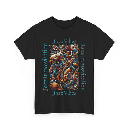 A black t shirt with an abstract jazz music design highlighting a sax and keyboards. The text states ‘Jazz Vibes, Jazz Improvisation.’