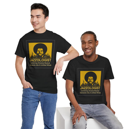 Two men wearing black Jazzologist t shirts with a yellow graphic and text.