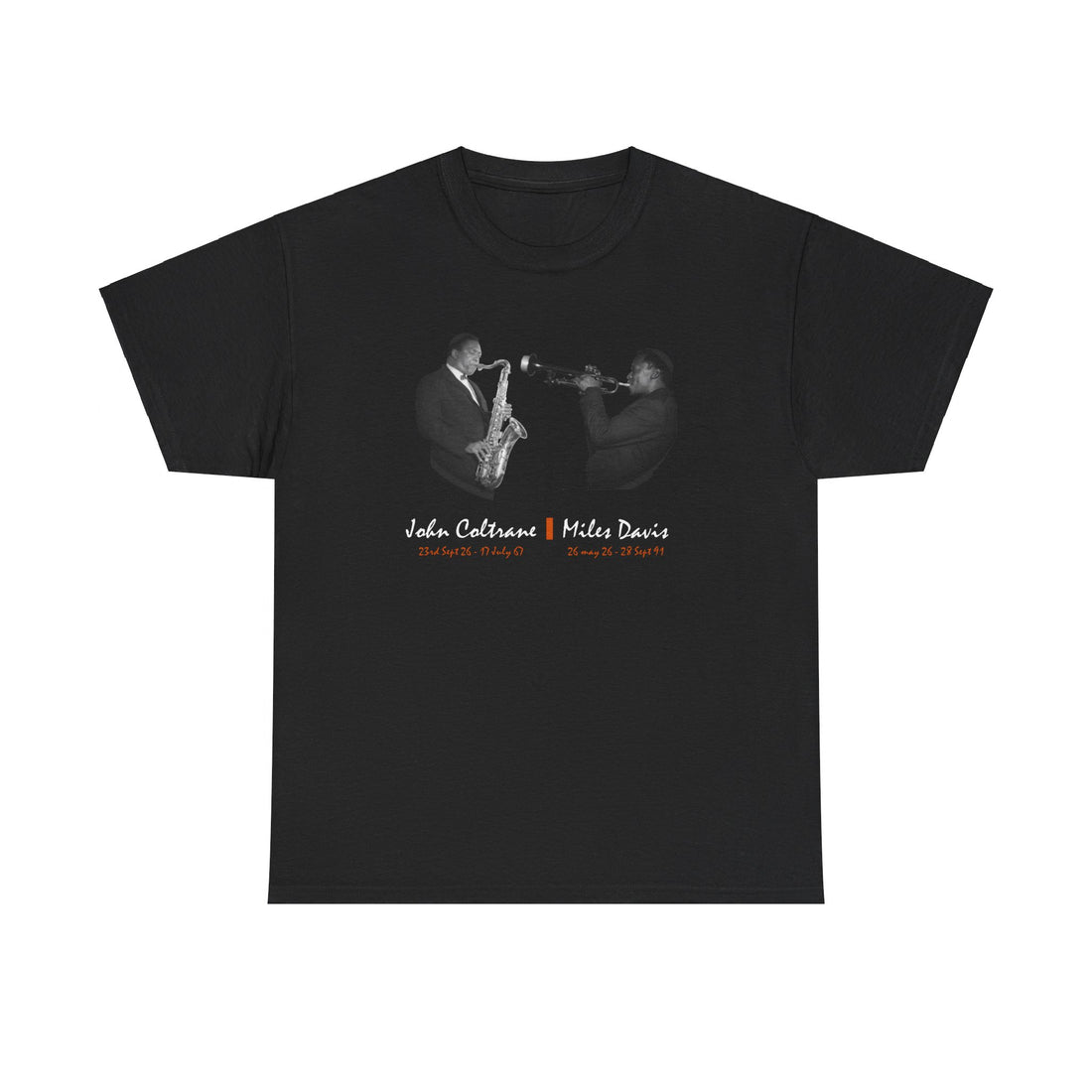 A black tee shirt with a photographic image of Miles Davis &amp; John Coltrane