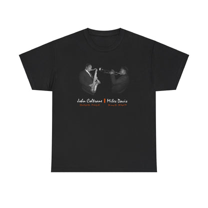 A black tee shirt with a photographic image of Miles Davis &amp; John Coltrane