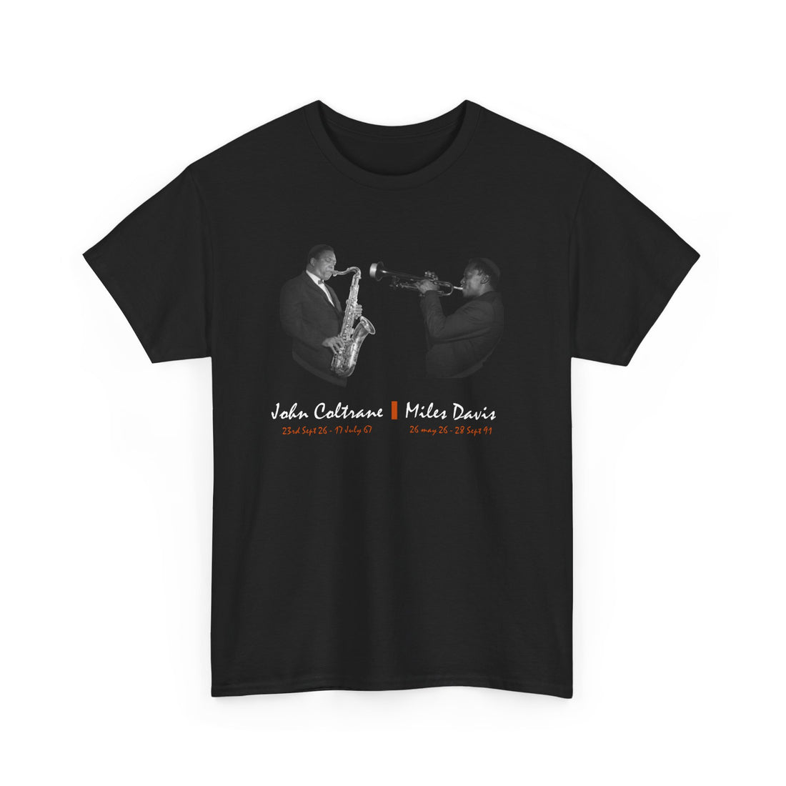 A black tee shirt with a photographic image of Miles Davis &amp; John Coltrane