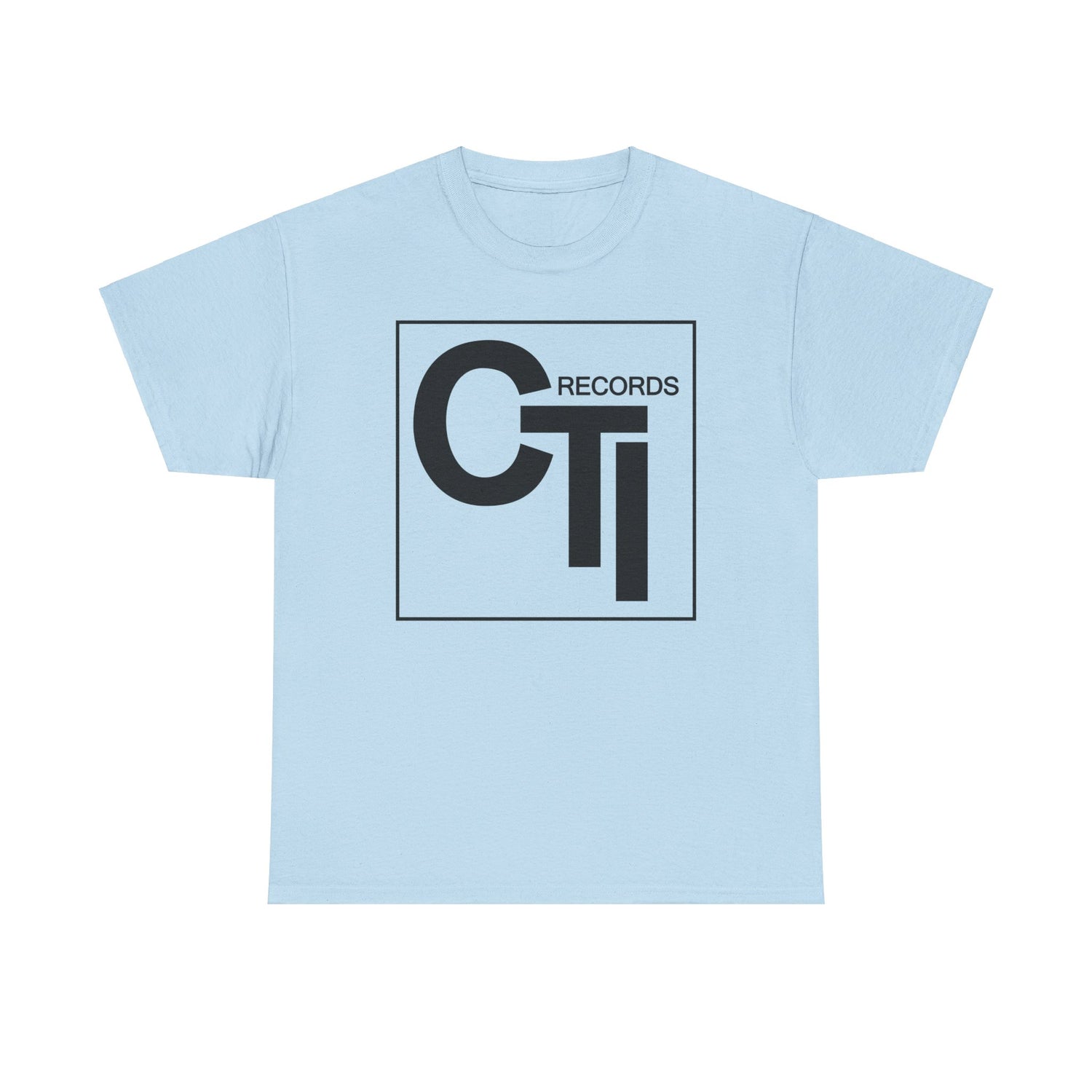 CTI Records Logo in black text on multi coloured t-shirts