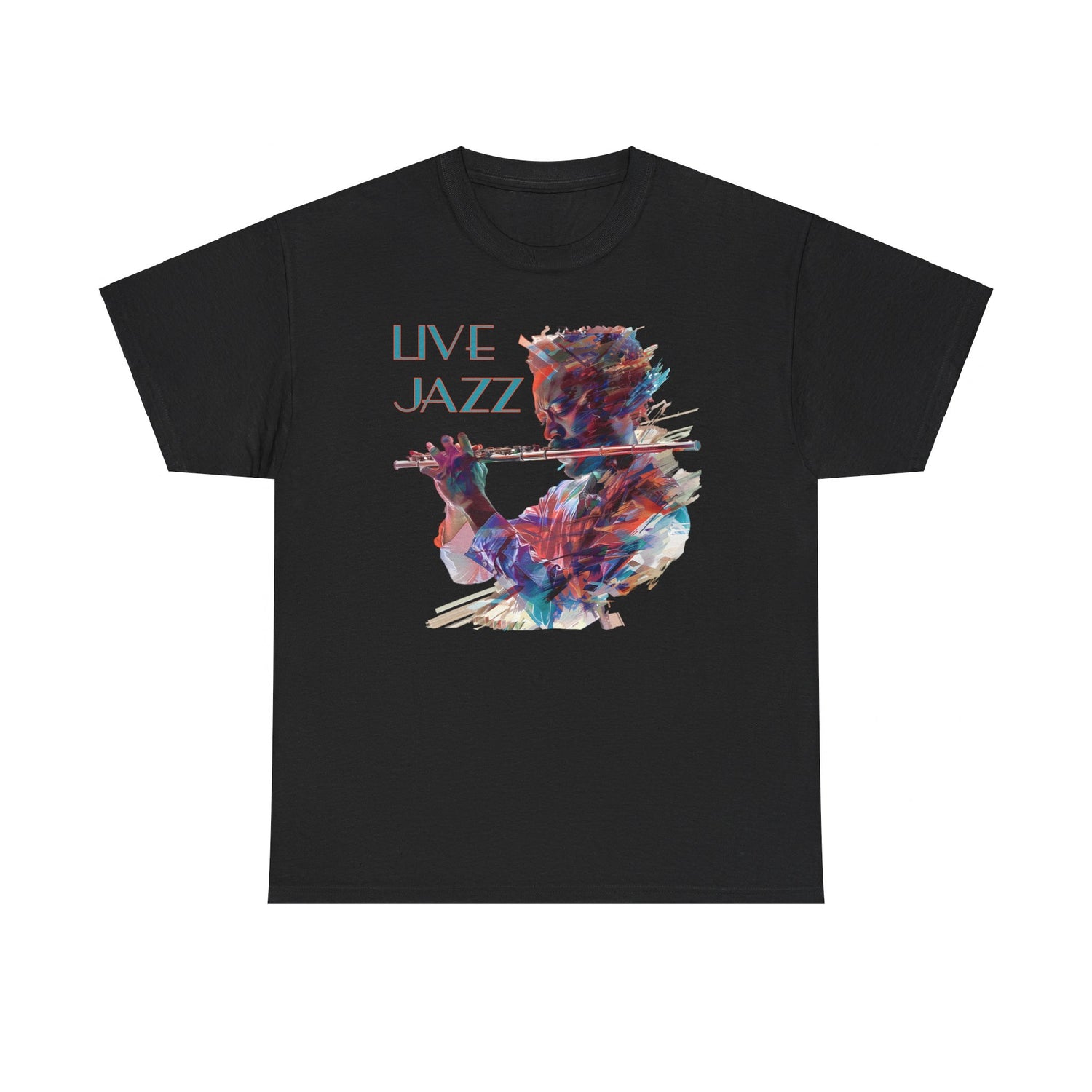 Both black &amp; white coloured t shirts with a flute player image. The text over the image says ‘Live Jazz’