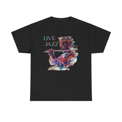 Both black &amp; white coloured t shirts with a flute player image. The text over the image says ‘Live Jazz’