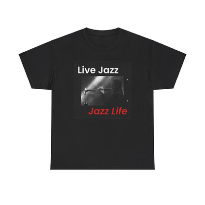A black t shirt with a photographical image of a trumpet player. The text overlay says ‘Live Jazz, Jazz Life’