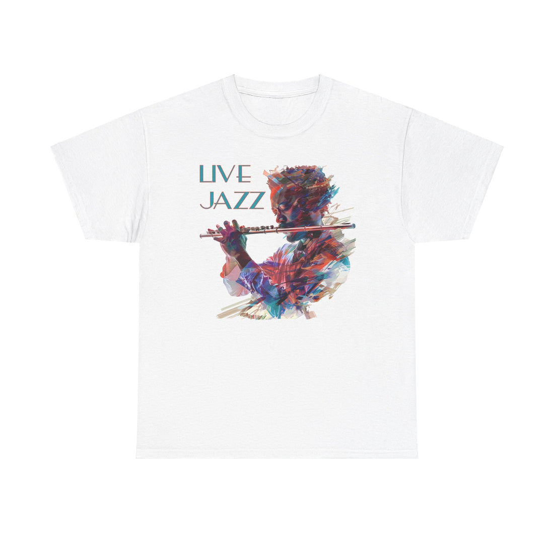 Both black & white coloured t shirts with a flute player image. The text over the image says ‘Live Jazz’
