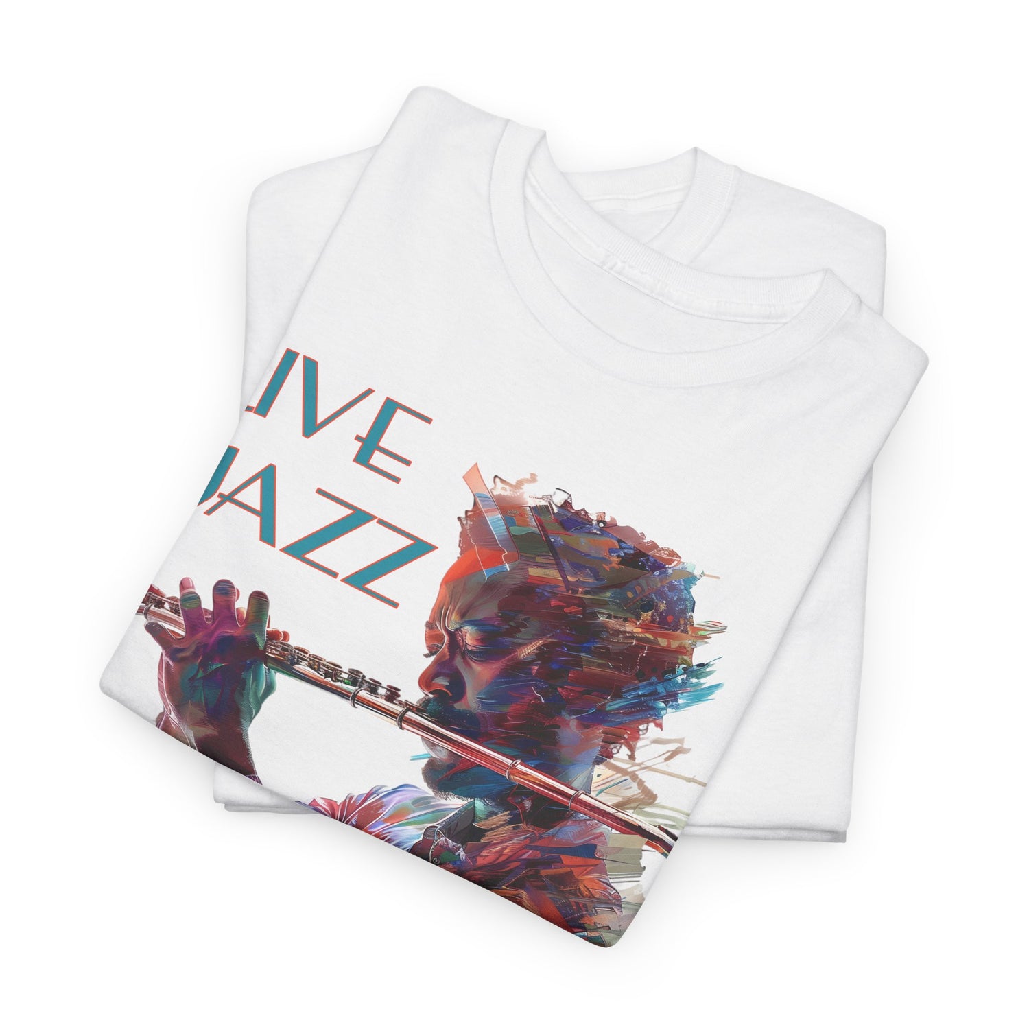 Both black &amp; white coloured t shirts with a flute player image. The text over the image says ‘Live Jazz’