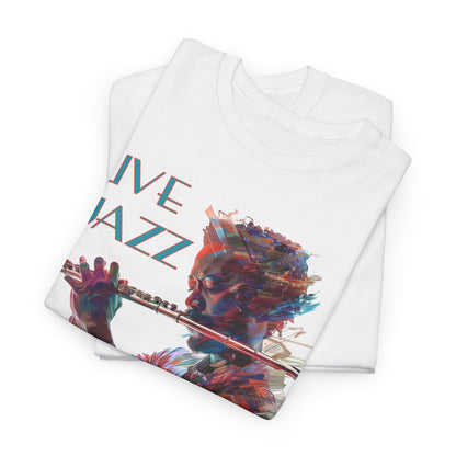 Both black &amp; white coloured t shirts with a flute player image. The text over the image says ‘Live Jazz’