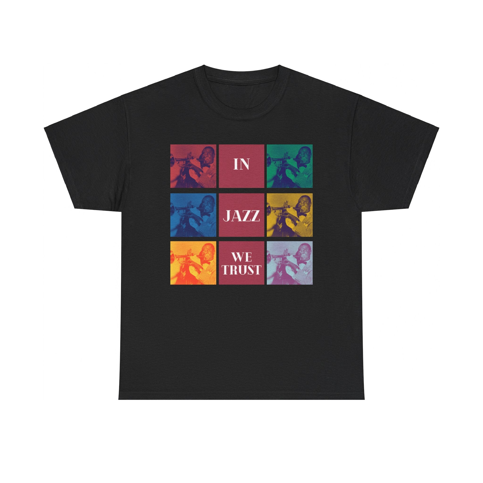 A black or white t shirt with 9 different coloured squares with each one containing the same Louis Armstrong Image. The text states ’In Jazz We Trust’