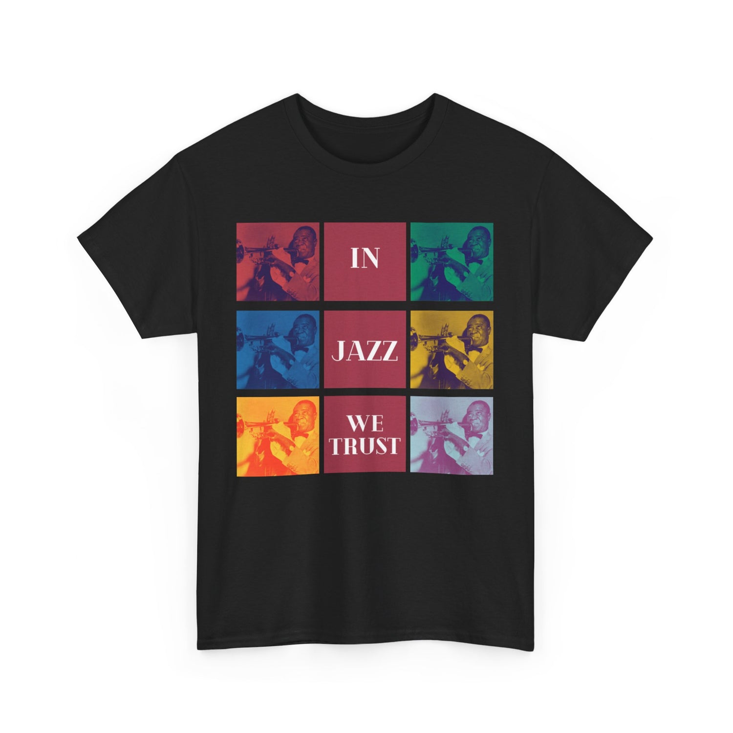 A black or white t shirt with 9 different coloured squares with each one containing the same Louis Armstrong Image. The text states ’In Jazz We Trust’