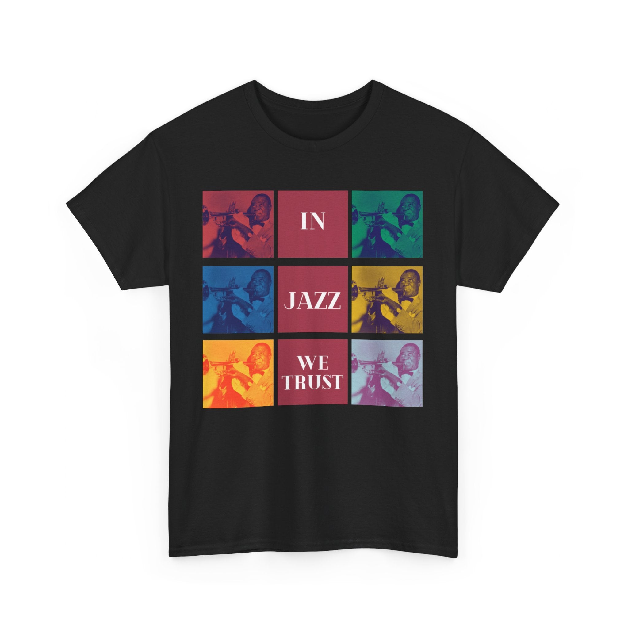 A black or white t shirt with 9 different coloured squares with each one containing the same Louis Armstrong Image. The text states ’In Jazz We Trust’