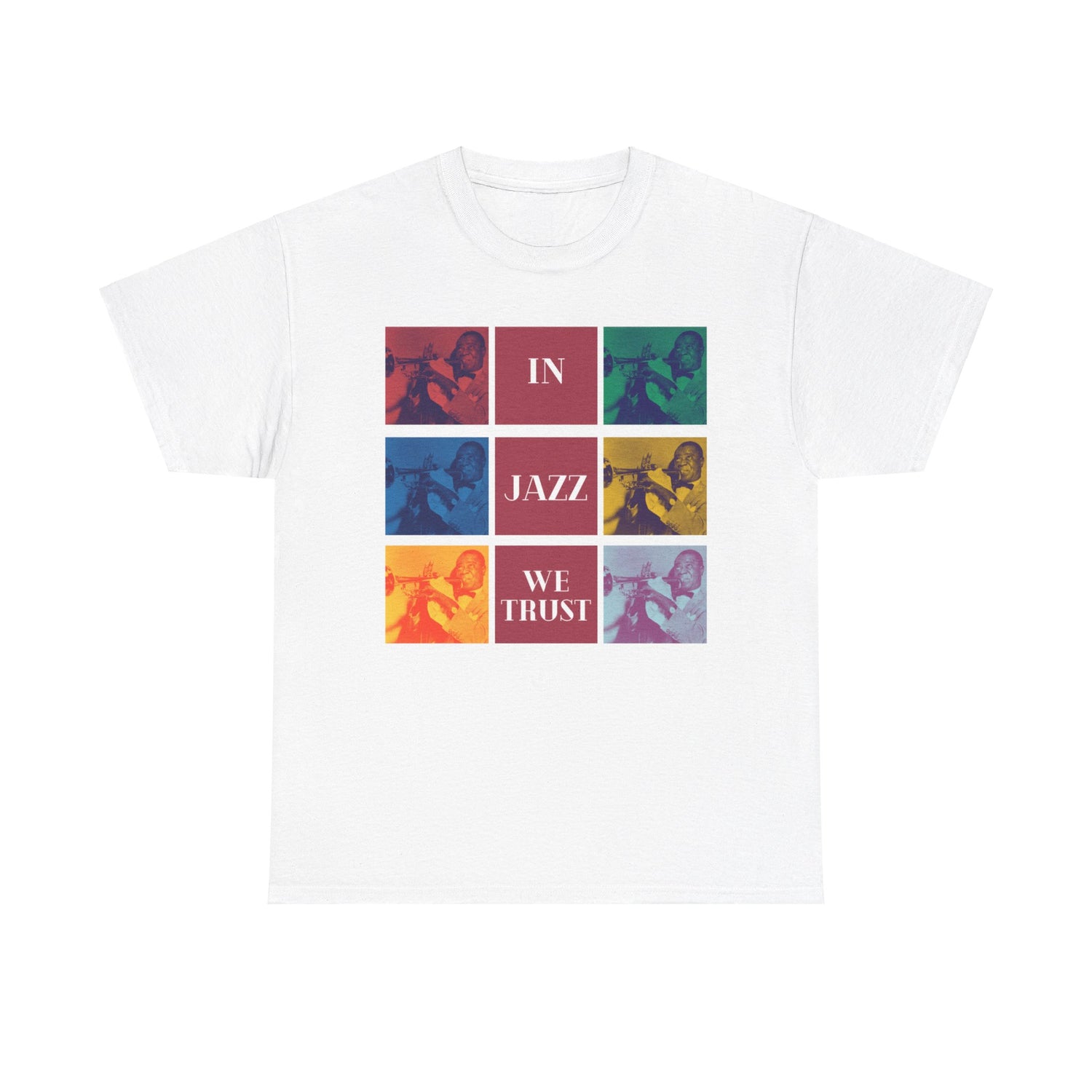 A black or white t shirt with 9 different coloured squares with each one containing the same Louis Armstrong Image. The text states ’In Jazz We Trust’