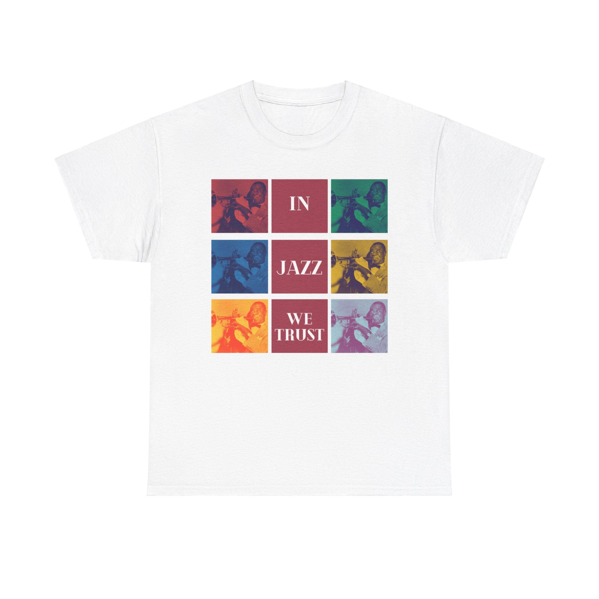 A black or white t shirt with 9 different coloured squares with each one containing the same Louis Armstrong Image. The text states ’In Jazz We Trust’