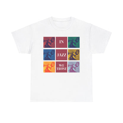 A black or white t shirt with 9 different coloured squares with each one containing the same Louis Armstrong Image. The text states ’In Jazz We Trust’