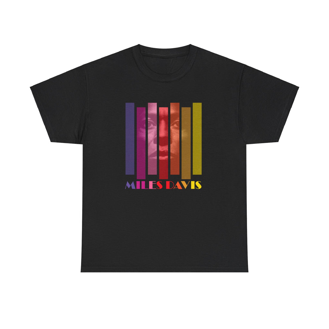 A black t shirt with a multi coloured block image of the trumpeter Miles Davis