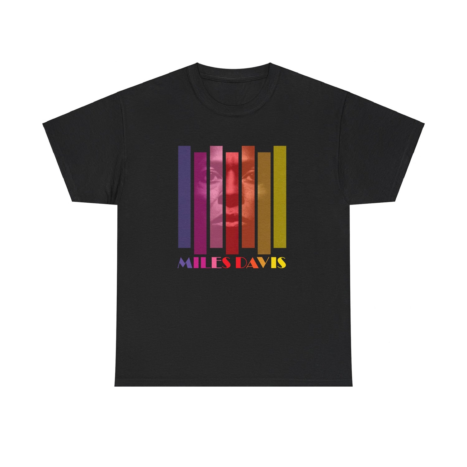 A black t shirt with a multi coloured block image of the trumpeter Miles Davis