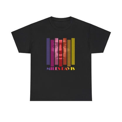 A black t shirt with a multi coloured block image of the trumpeter Miles Davis