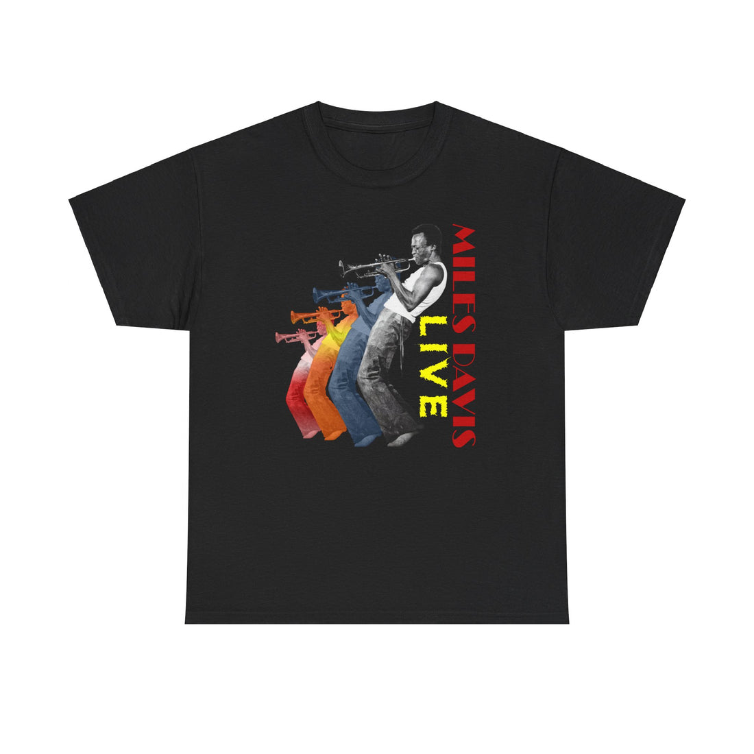 A black t shirt with a Miles Davis graphic of him leaning back playing his trumpet. The image has him duplicated in various colours. The text says ‘Miles Davis, Live’