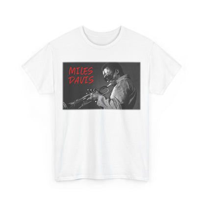 A black &amp; white photographic image of Miles Davis playing trumpet in cool shades, with red text saying ‘Miles Davis’