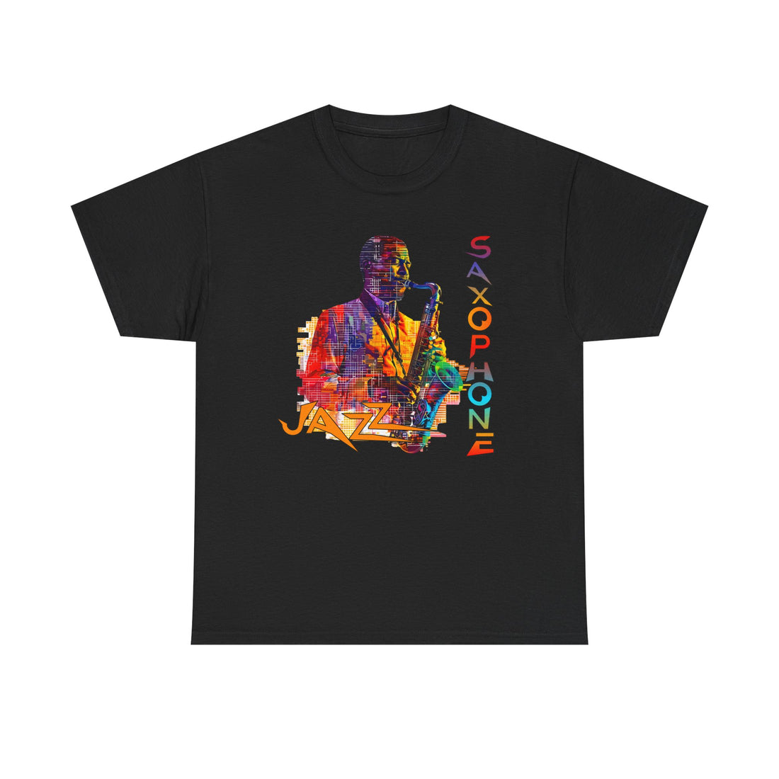 Black t-shirt with colourful saxophone player graphic and &