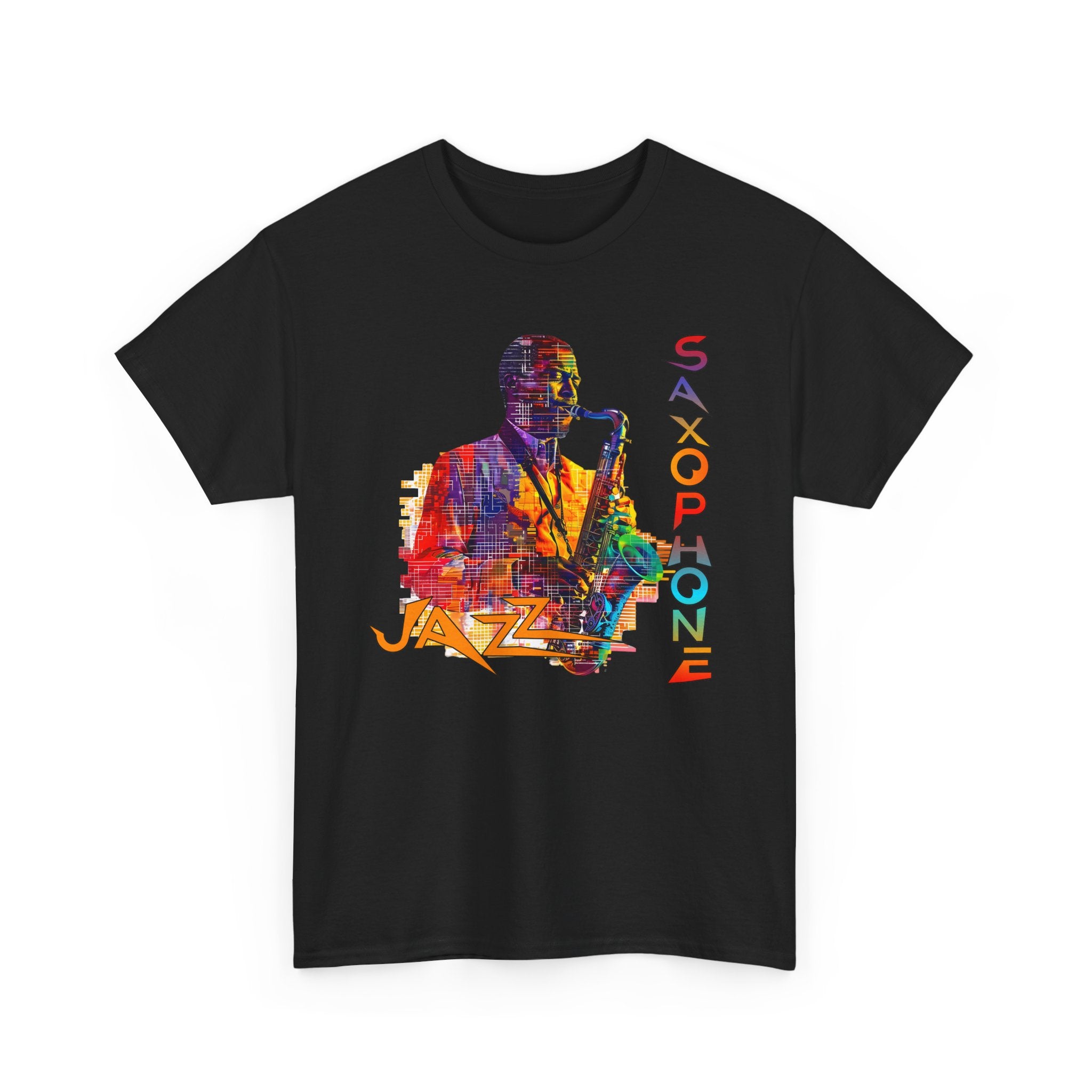 Black t-shirt with colourful saxophone player graphic and &