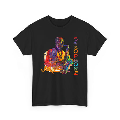 Black t-shirt with colourful saxophone player graphic and &
