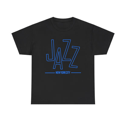 A black or white t shirt saying ‘JAZZ New York City’ in blue text