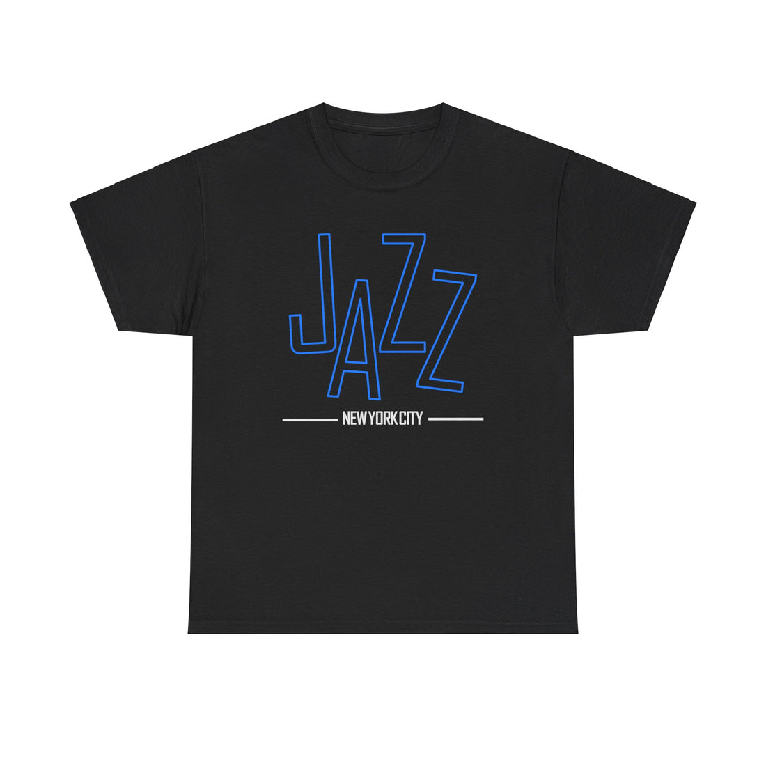 A black t shirt with an outline of the word ‘JAZZ’ in blue colour. Underneath in white are the words ‘New York City’